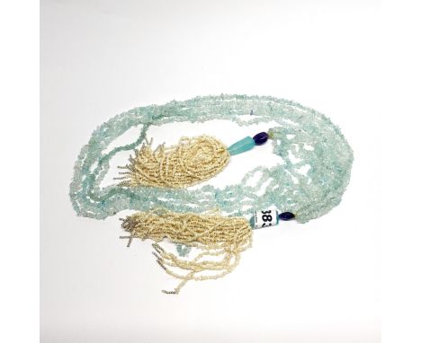 An unusual aquamarine, amethyst and seed pearl scarf necklace, L. 120cm.