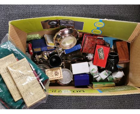 A box of silver plated and other items including vintage playing cards.