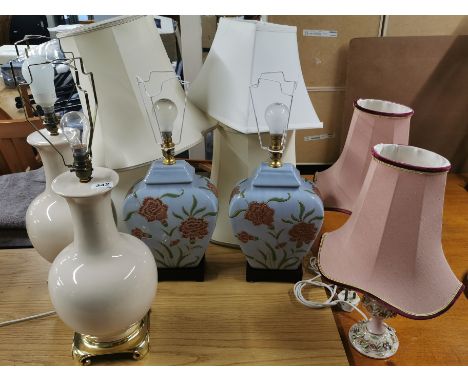 Five ceramic table lamps and shades.