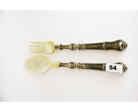 A pair of mid 19th century French silver handled and mother of pearl salad servers by Philippe Berthier (1841-1851 of Paris),