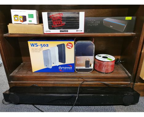 A Gear4 bluetooth speaker together with a quantity of other bluetooth speakers, speaker cable and a Yamaha YAS-93 soundbar.