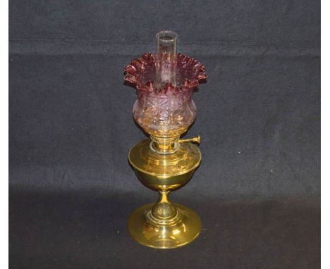 A Very Nice Brass Oil Lamp, Ruby Shade