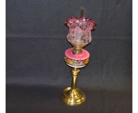A Very Nice Oil Lamp, Brass Pillar Bowl and Ruby Shade