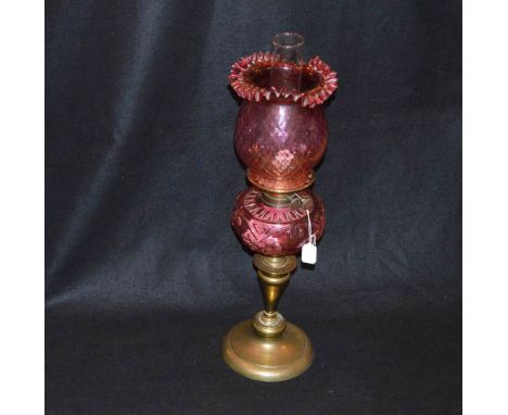 An Brass Pillar Oil Lamp, Ruby Bowl and Shade