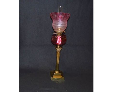 A Very Good Corinthian Pillar Oil Lamp, Ruby Bowl and Matching Shade
