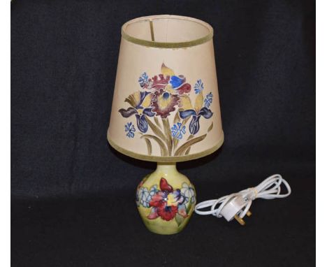 A Yellow Moorcroft Table Lamp, Orchid Decoration and Matching Shade, Paper Label to Base