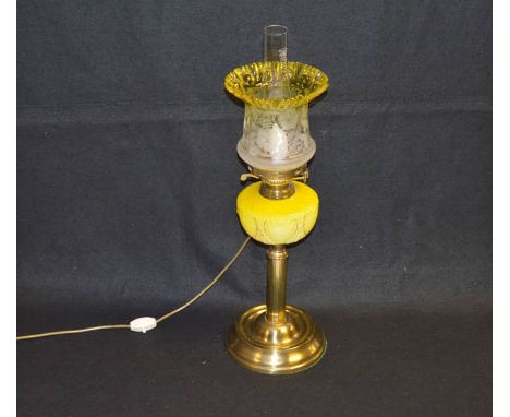 A Very Nice Brass Based Oil Lamp, Yellow Bowl and Matching Etched Shade