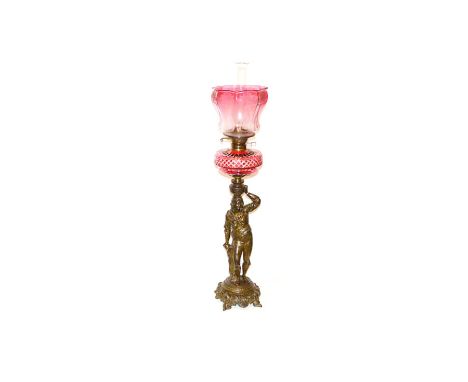 A Very Fine Figurine Based Oil Lamp, Ruby Bowl and Matching Shade