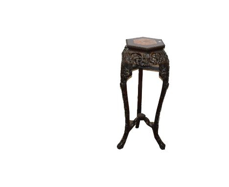 A Hardwood Carved Tall Planter, Marble Inset 