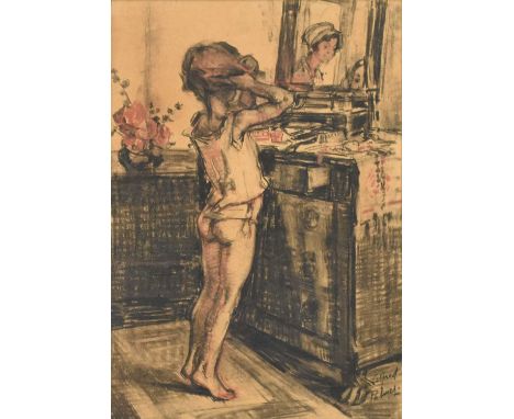 Alfred Palmer (1877-1951), Girl at her Mothers Dressing Table, signed lower right, charcoal drawing, measurements 27 x 18.5 c