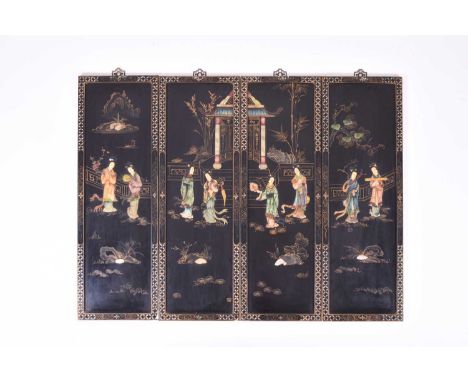 A set of four Chinese inlaid lacquer panels, Republic period, of rectangular outline and vertical aspect, combining to form a