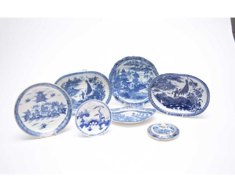 A group of assorted Caughley porcelaincirca 1780-85comprising two 'Fisherman' pattern baking dishes, (stapled repairs), 23cm 