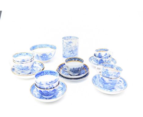 A collection of English blue and white ceramics, early 19th century including a Davenport stone china 'Broseley' pattern trio