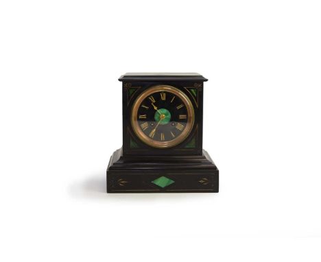 A French black marble and malachite mantel clock, circa 1900, of cuboid form on a plinth base, inset with malachite lozenges 