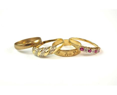 A 9ct gold diamond set ring, size T, together with a 9ct gold engraved band, size S 1/2 and a 9ct gold seven stone ruby and d