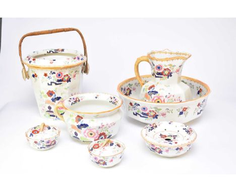 A Mason's Patent Ironstone wash set, typically printed and painted with an imari style Mandarin design, comprising octagonal 