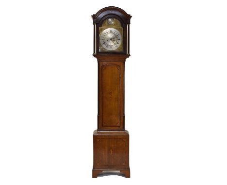 A George III oak brass dial longcase clock Pullan of Bradford, the hood with arch top and full turned and boxwood strung colu