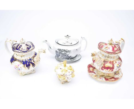 A collection of English teapotsearly 19th centurycomprising a 'Mystery Prow' group teapot, bat-printed in black with a figure