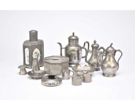 A collection of Chinese pewter, late Qing to Republic period and including three wine ewers, a tea caddy and cover, an octago