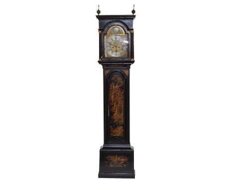 A late 17th century/early 18th century lacquered longcase clock, the later associated case with chinoiserie decoration, the r