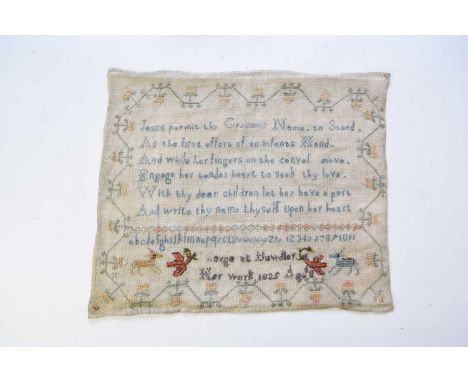 An early 19th century sampler, Margaret Howdler aged 8, 1825, of horizontal aspect, worked with a verse 'Jesus permit the Gra