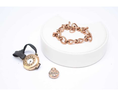 A yellow metal broken bracelet, stamped '9ct', weight approx 9.4g, together with a split seed pearl and turquoise circular lo