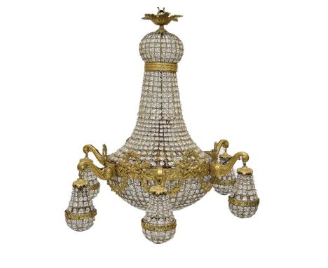 A large Empire style gilt metal and glass beaded 'tent and bag' chandelier, 20th century, with central eight-head lamp inside