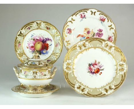 An assembled group of Coalport embossed 'Rococo Revival' dessert tablewarecirca 1820-25with borders incorporating double-barr