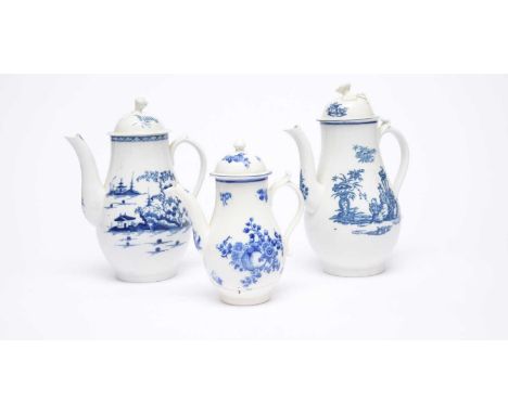 Three Caughley coffee pots and covers, one with matched Worcester covercirca 1775-85comprising a 'Cannonball' example, C mark
