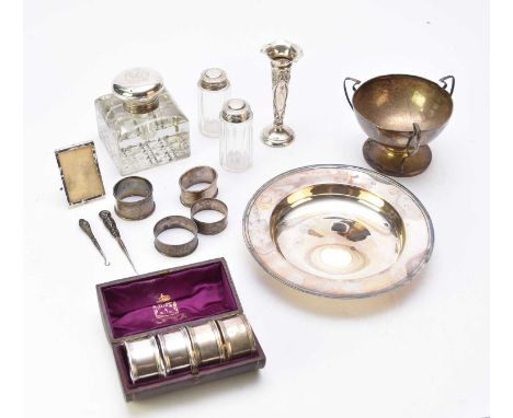 A small collection of silver, to include;  an Alms dish, London 1993, weight approx 13.5oz, a three handled presentation trop