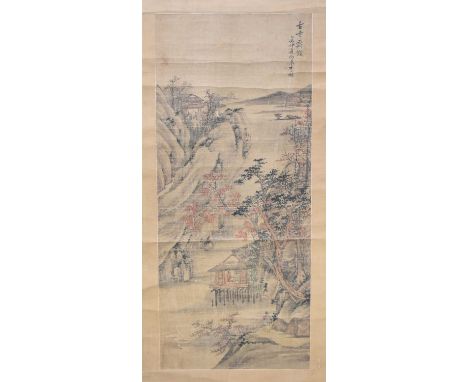 Chinese school, Qing Dynasty, landscape with figures in a small village at a rocky riverside with maple trees, ink and wash o