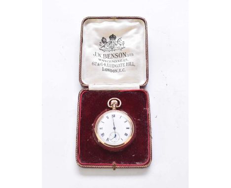 A 9ct gold open face pocket watch, the white enamel dial with black Roman numerals and subsidiary seconds dial, presented wit