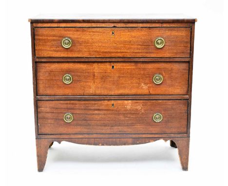 An early 19th century rectangular mahogany chest of three long drawers, inlaid with ebony stringing, raised on splayed bracke