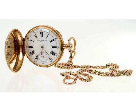 Late 19th century Swiss gold full hunter key wind pocket watch by Lucien Sandoz &amp; Co, Locle. in gold (56 standard) case w