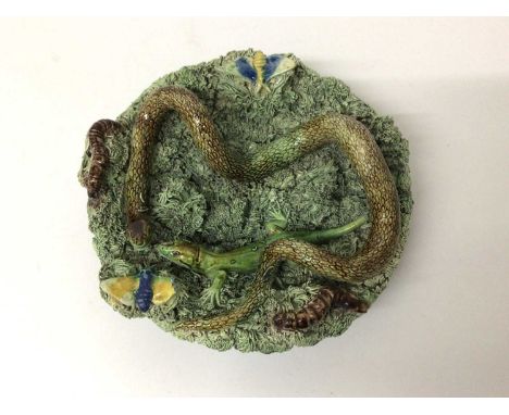 Palissy ware majolica glazed pottery plate with snake, lizard, butterflies and worms by Jose a Cunha, 17.5cm diameter