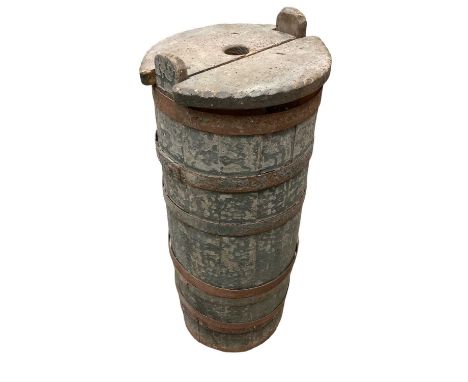 Late 18th/early 19th century coopered and iron bound, upright butter churn, with original top and original green paint, 2ft 4