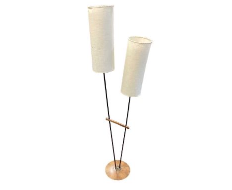 1960s two branched floor standing light with black stems on a round wooden base with two original parchment style tubular sha