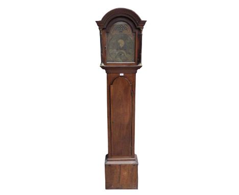 George III 8 day longcase clock by Edouard Renouf, Jersey with brass arched dial, lunar arch, subsidiary seconds and date ape