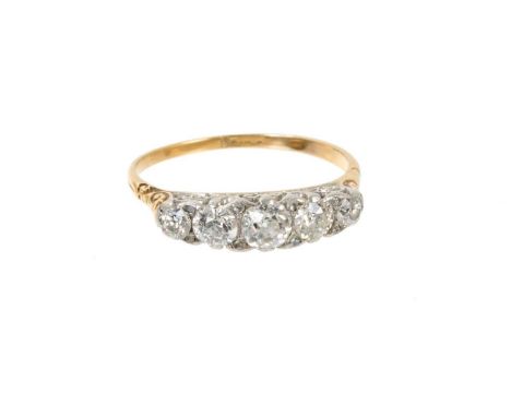 Late Victorian diamond five stone ring with five graduated old cut diamonds estimated to weigh approximately 0.80cts in total