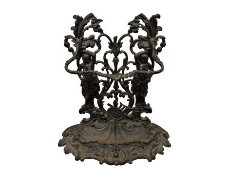 Fine 19th century French cast iron stick stand, of large size, with figural and scrolling ornament, removable shell form drip