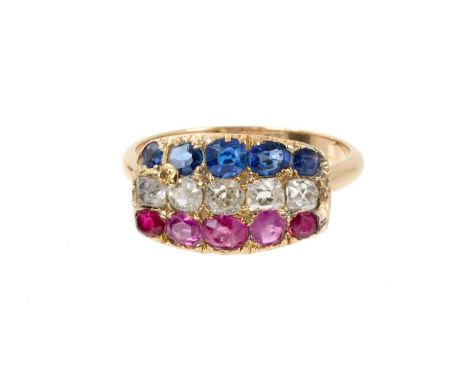 Late Victorian 15ct gold diamond, ruby and sapphire three row ring set with five old cut diamonds flanked by five round mixed