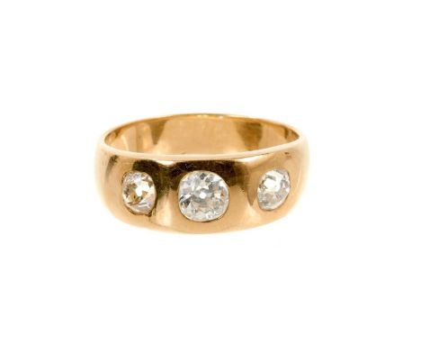 Antique 18ct gold diamond three stone gypsy ring with three old cut diamonds estimated to weigh approximately 1.35cts in tota