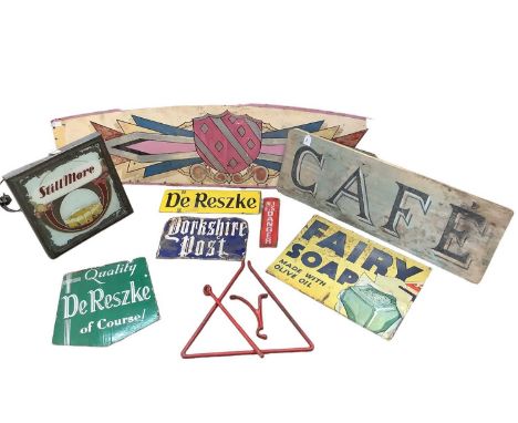 Fairground Art Sign, possibly from a booth, with stylized heraldic painted motif on cream background, 5ft long x 1ft 3 wide, 
