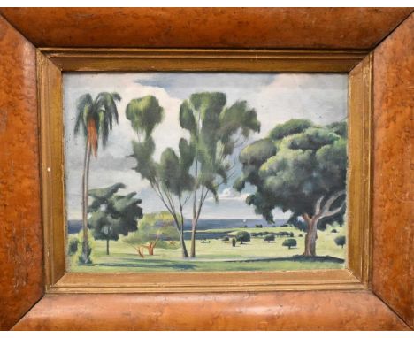 Landscape on bark paper, thought to be indigenous Australian artist, painting in a European style, signed Grieme, possibly Du