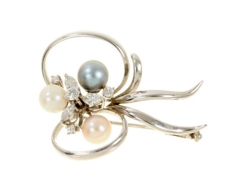 18ct white gold diamond and cultured pearl floral spray brooch set with four brilliant cut diamonds, three marquise cut diamo