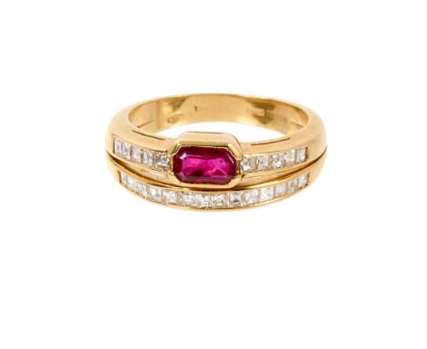 Ruby and diamond two-row ring, the two diamond bands set with a step cut ruby and square step cut diamonds, in 18ct gold chan
