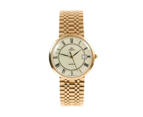 Gentlemen’s Marvin 9ct gold quartz wrist watch on integral 9ct gold braceletGood cosmetic condition, not running ( may need n