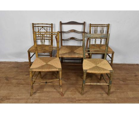 Group of Regency painted and bobbin turned dining chairs and similar elbow chair (5)
