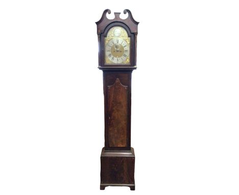 George III inlaid longcase clock by John Lathan, London, the signed arched brass arch dial with silvered chapter ring and orn