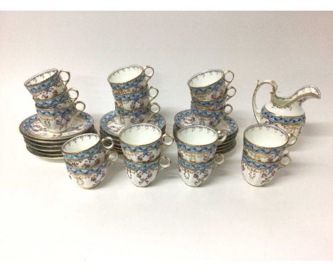 19th century Minton blue ribbon and pink rose swag pattern tea set, comprising 18 saucers, 11 tea cups, 6 coffee cups and one